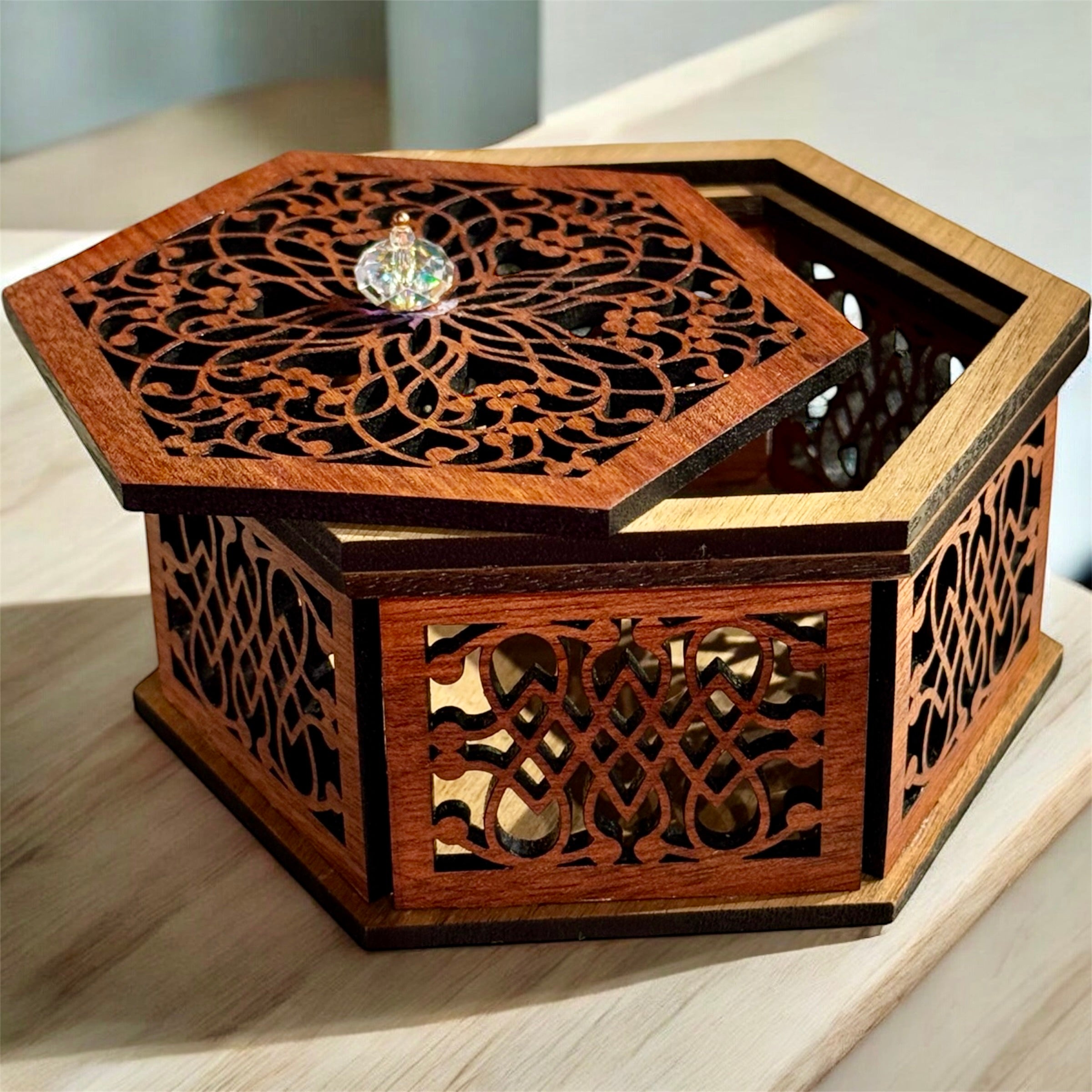 Hexagonal Mandala Laser-Cut Wooden Box with Crystal Knob