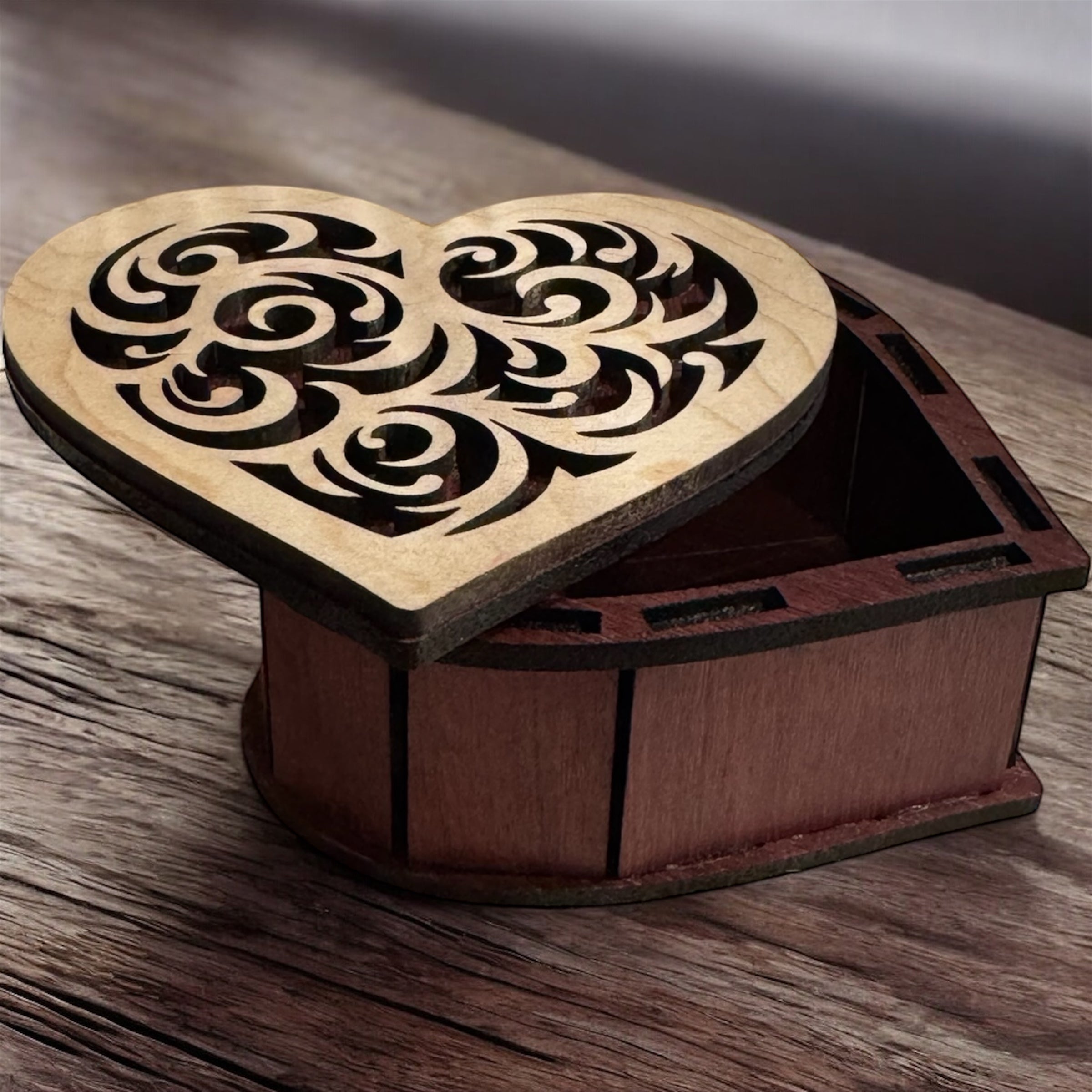 Handcrafted, laser-cut heart-shaped trinket or jewelry box