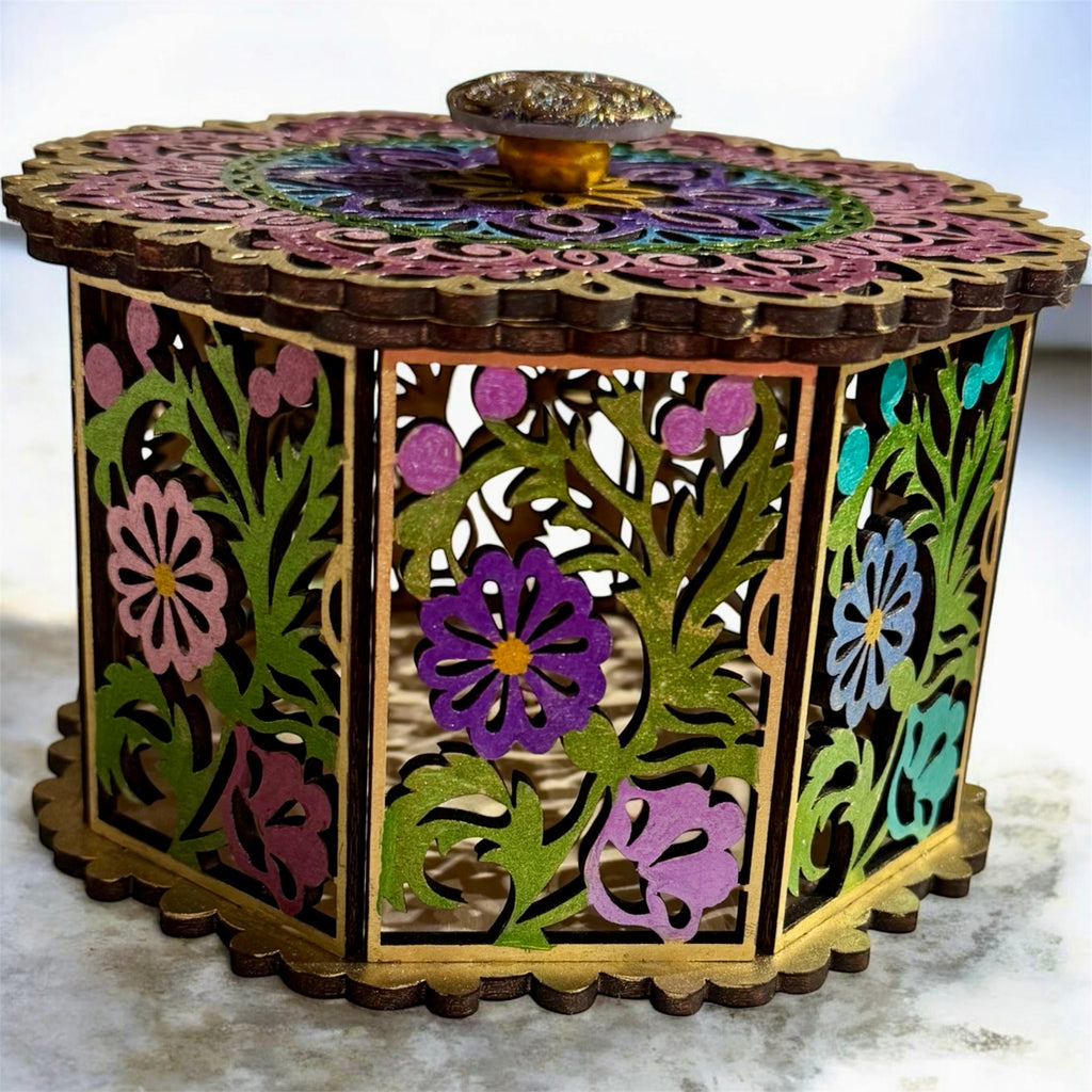 Octagonal Hand-Painted Floral Laser-Cut Wooden Box