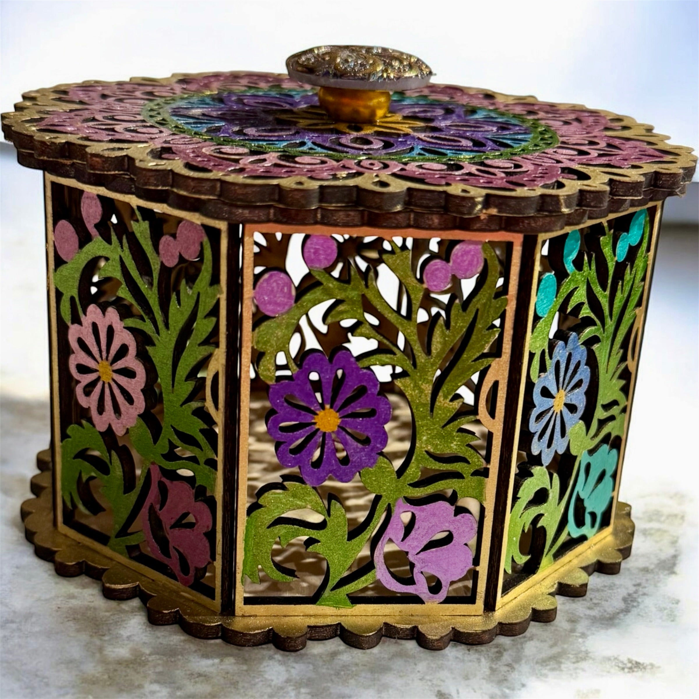 Octagonal Hand-Painted Floral Laser-Cut Wooden Box