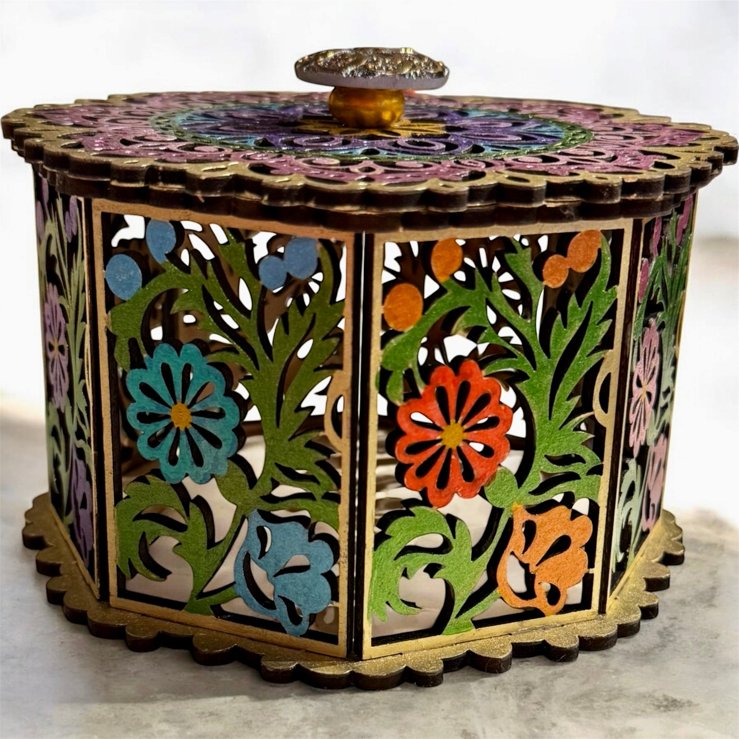 Octagonal Hand-Painted Floral Laser-Cut Wooden Box