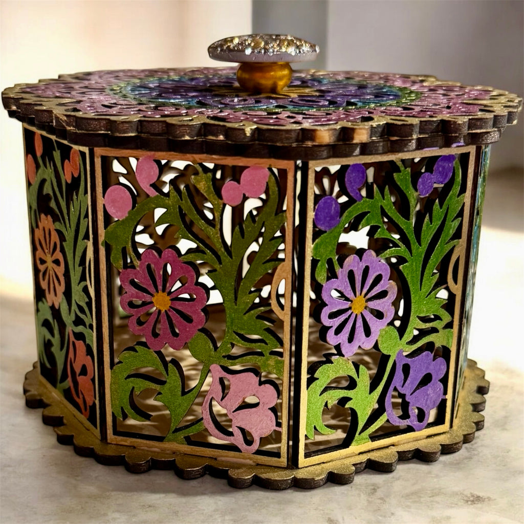 Octagonal Hand-Painted Floral Laser-Cut Wooden Box