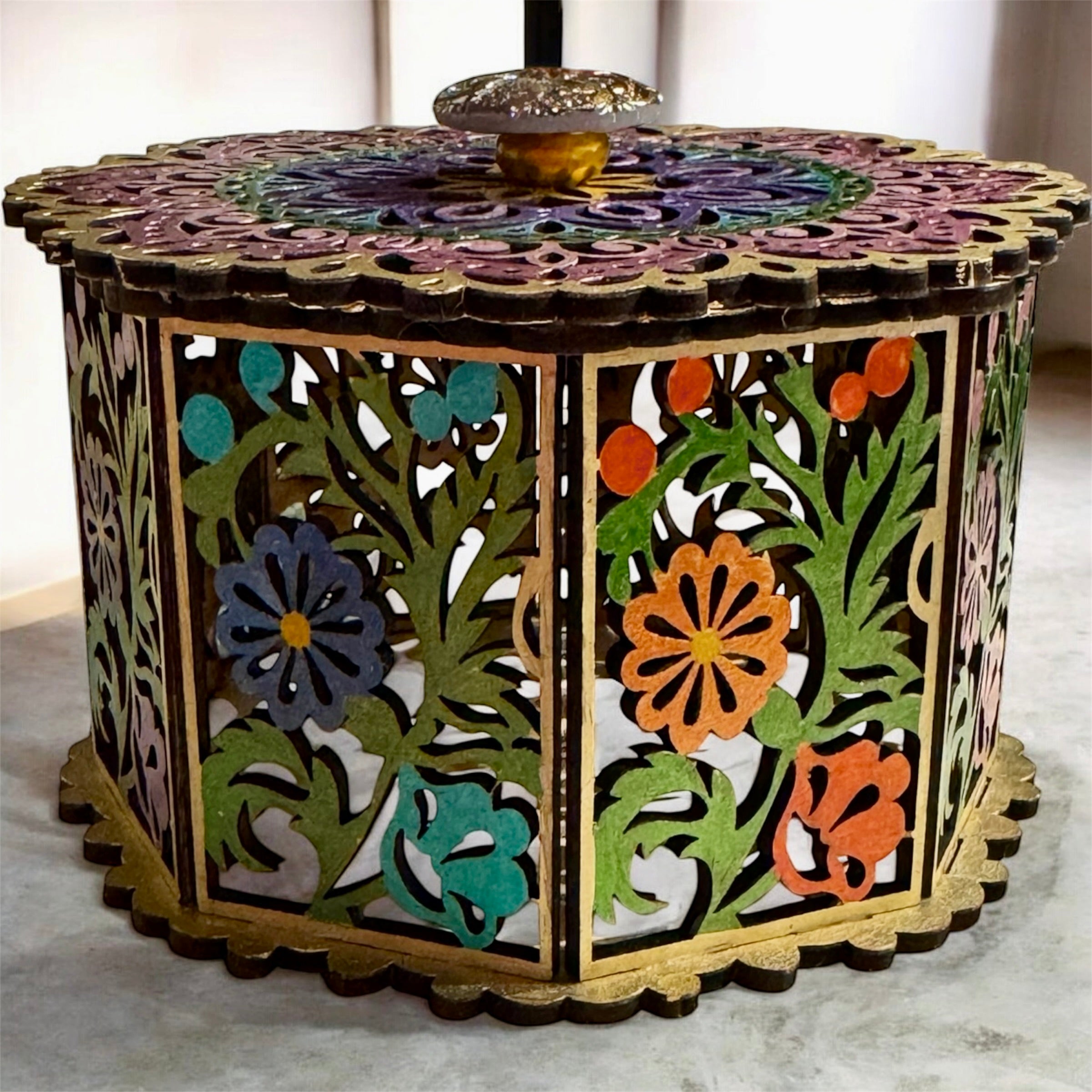 Octagonal Hand-Painted Floral Laser-Cut Wooden Box