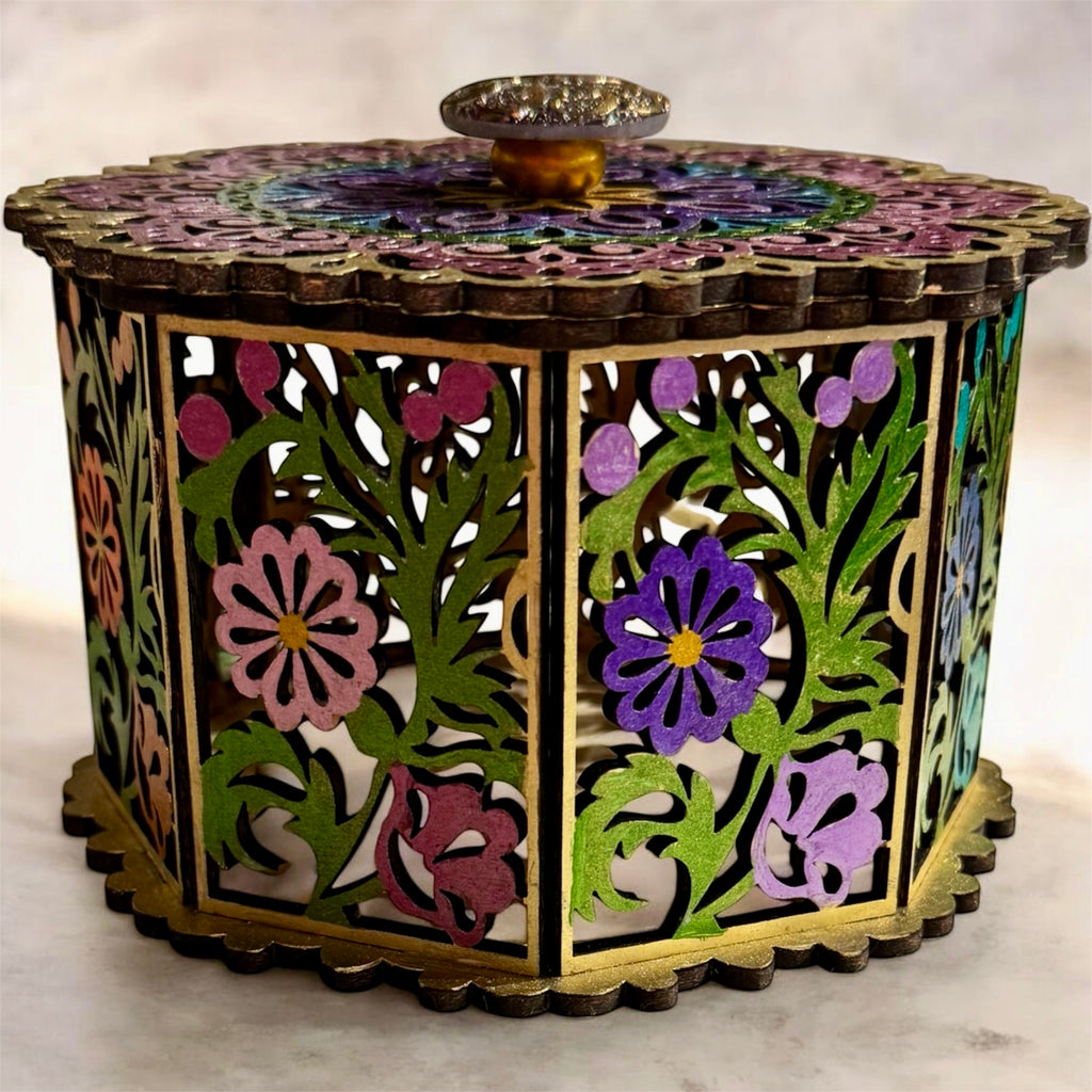 Octagonal Hand-Painted Floral Laser-Cut Wooden Box