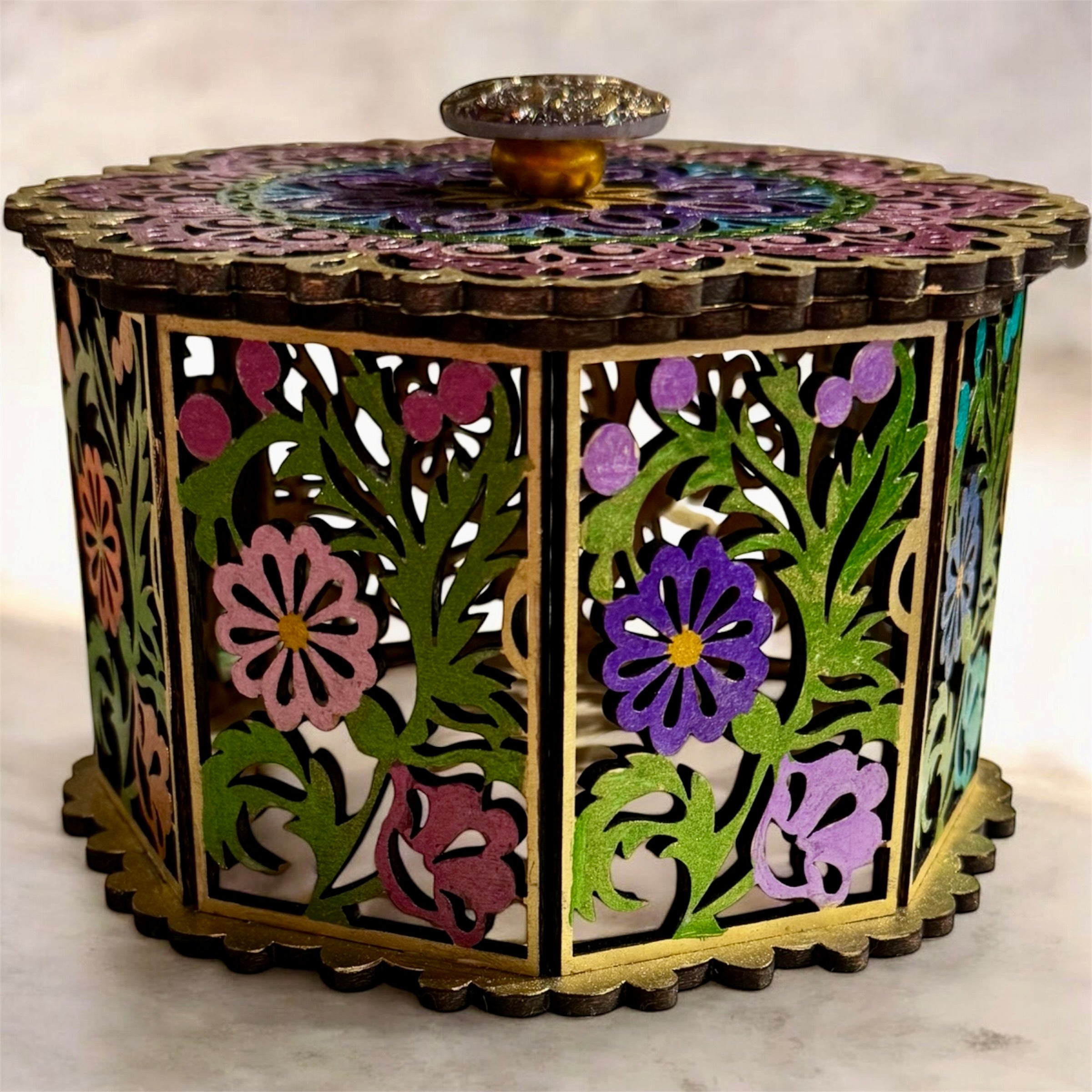 Octagonal Hand-Painted Floral Laser-Cut Wooden Box