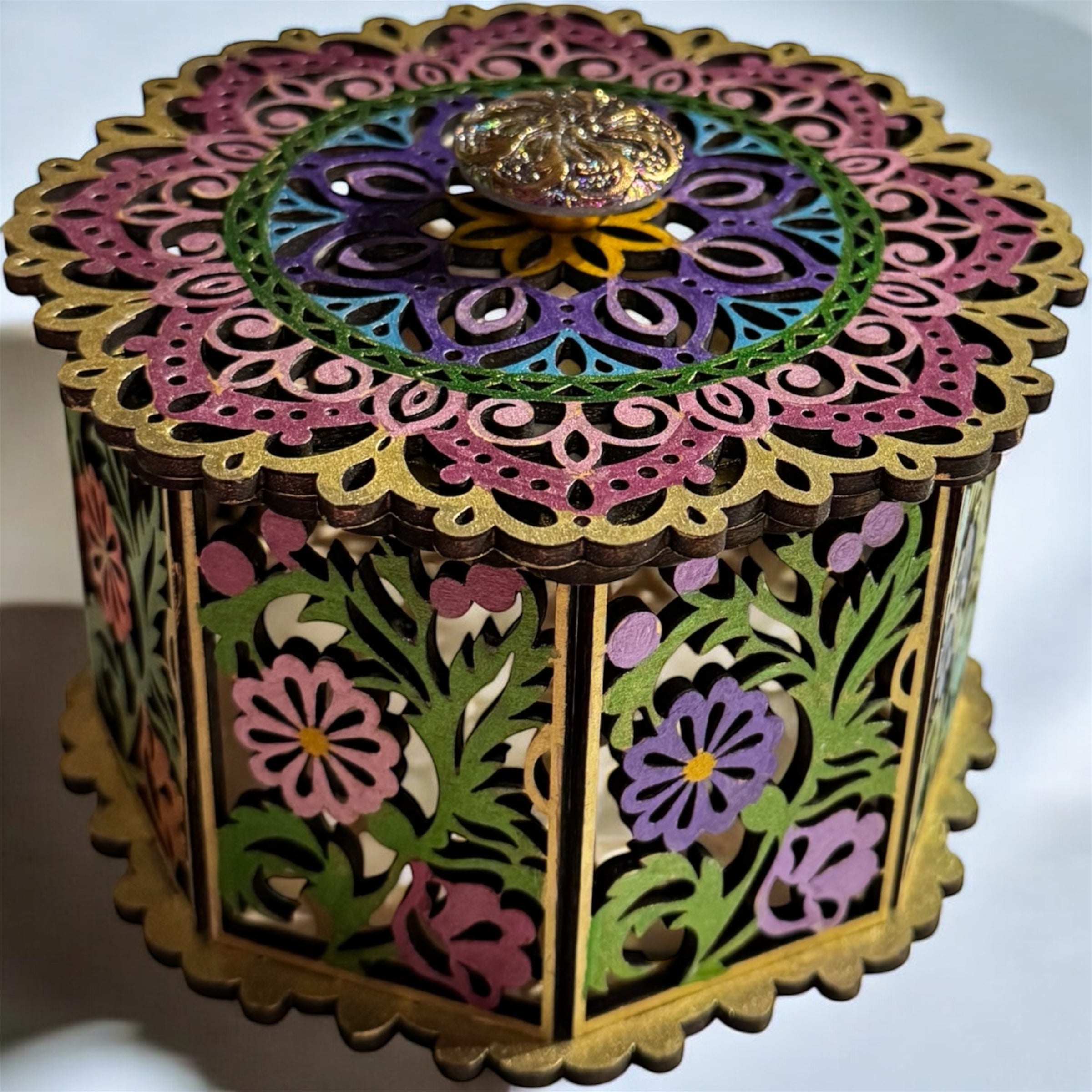 Octagonal Hand-Painted Floral Laser-Cut Wooden Box