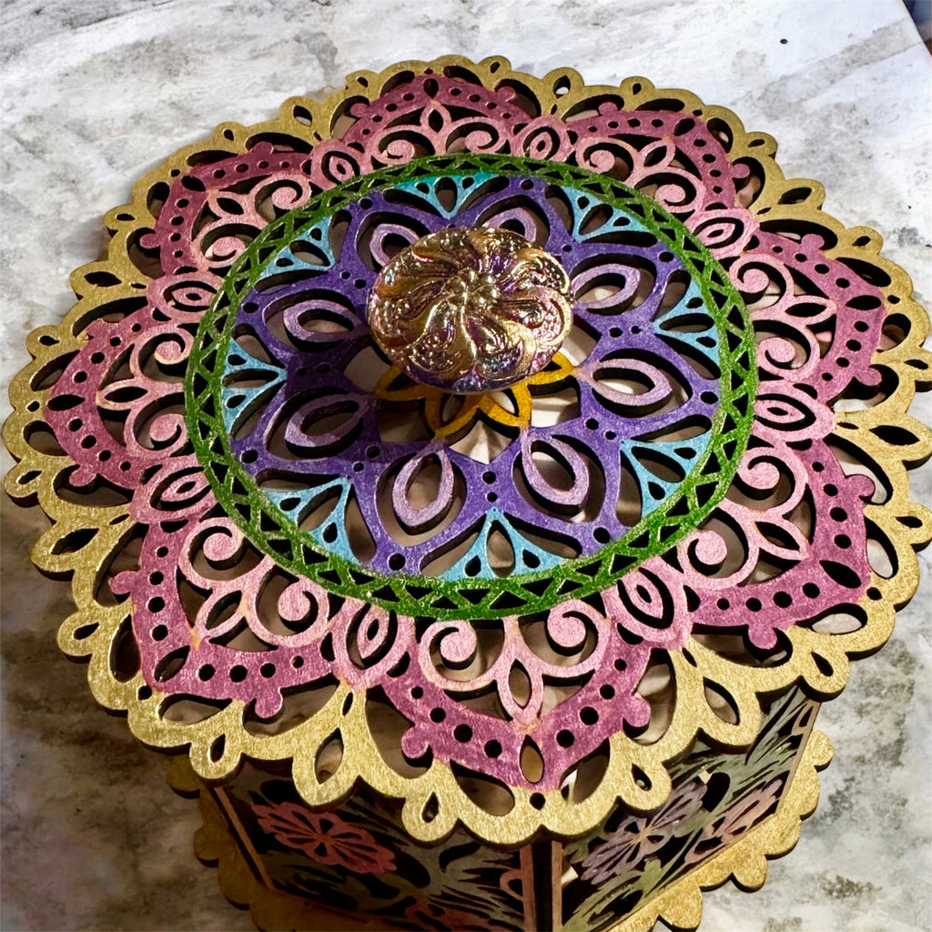 Octagonal Hand-Painted Floral Laser-Cut Wooden Box