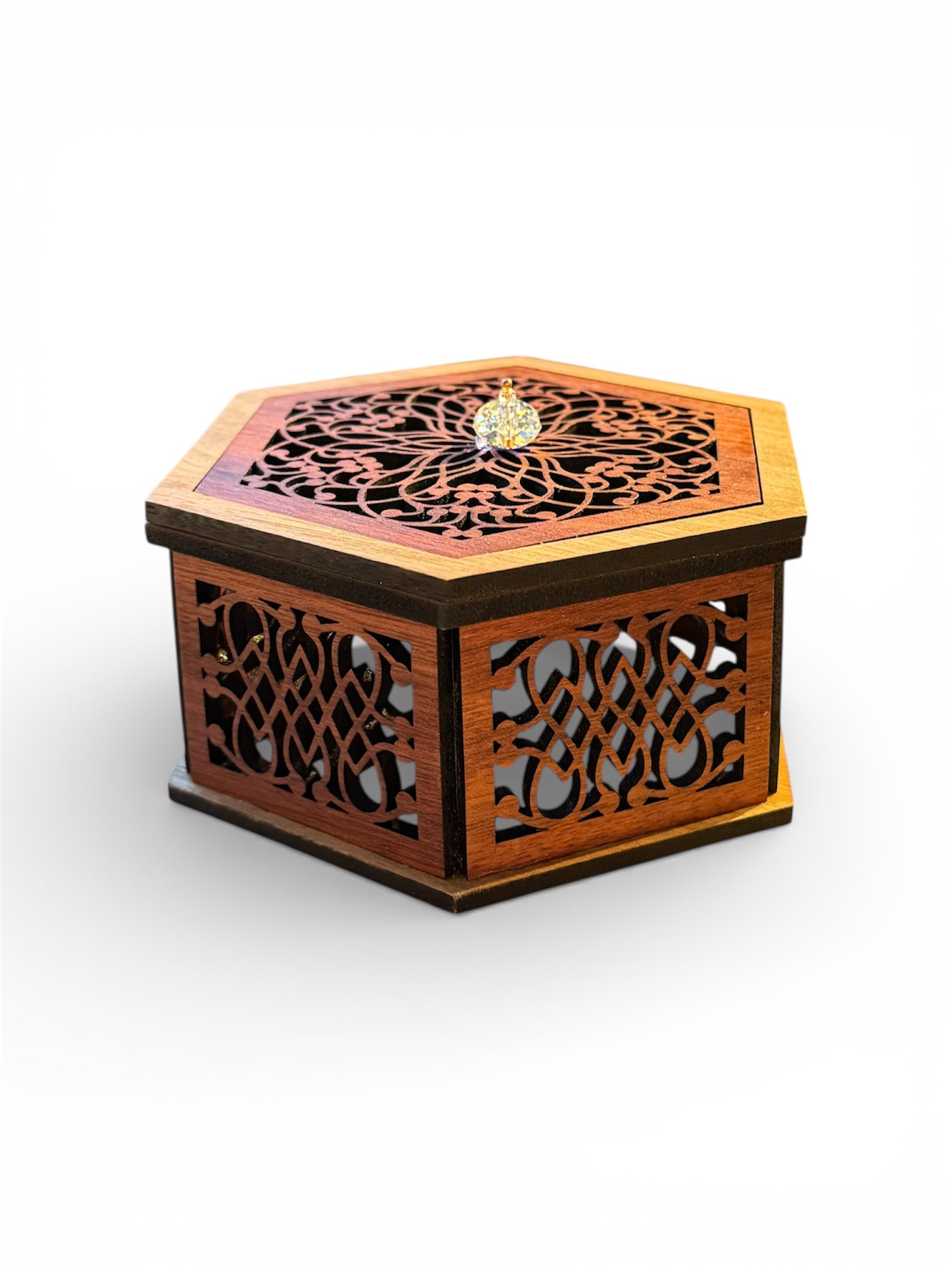 Hexagonal Mandala Laser-Cut Wooden Box with Crystal Knob