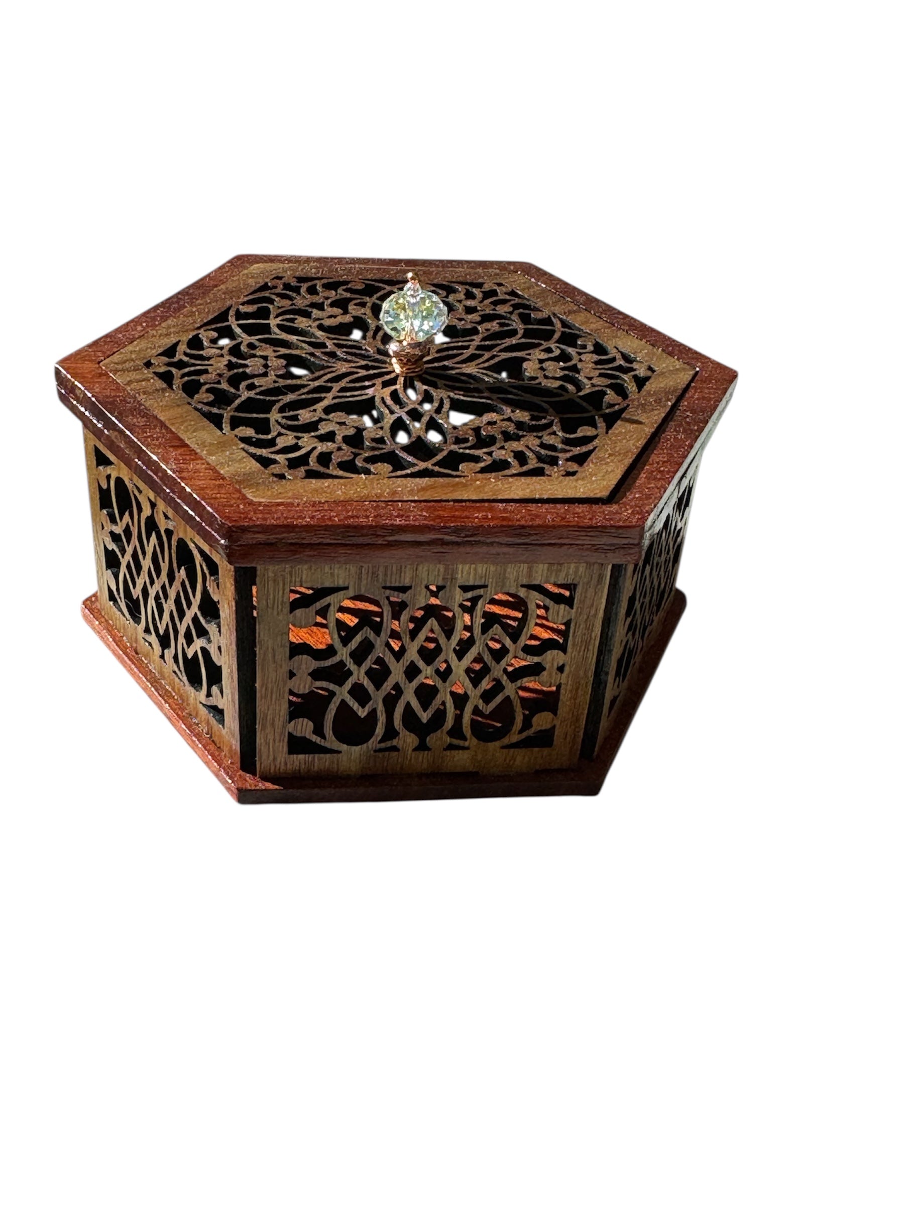 Hexagonal Mandala Laser-Cut Wooden Box with Crystal Knob