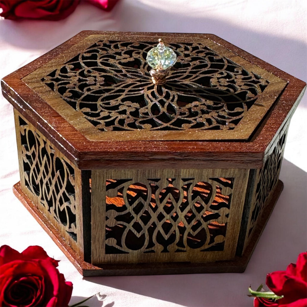 Hexagonal Mandala Laser-Cut Wooden Box with Crystal Knob