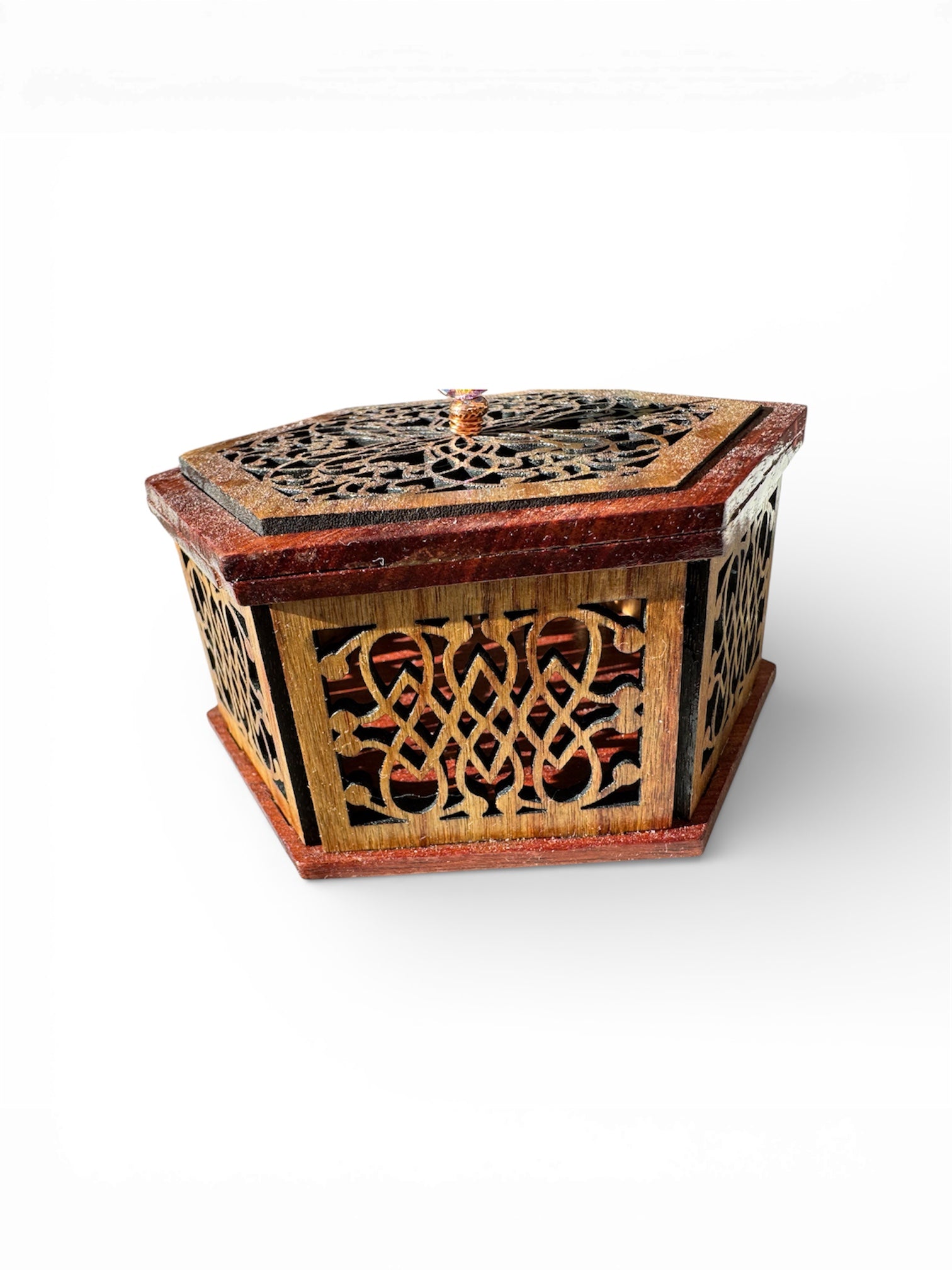 Hexagonal Mandala Laser-Cut Wooden Box with Crystal Knob