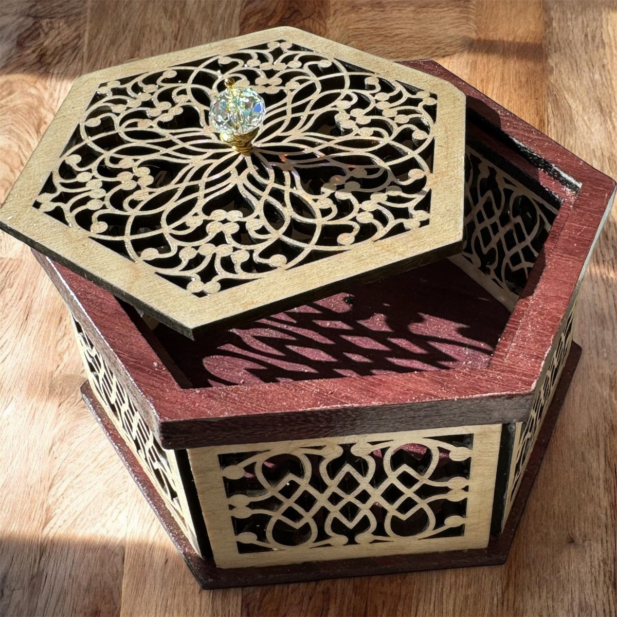 Hexagonal Mandala Laser-Cut Wooden Box with Crystal Knob